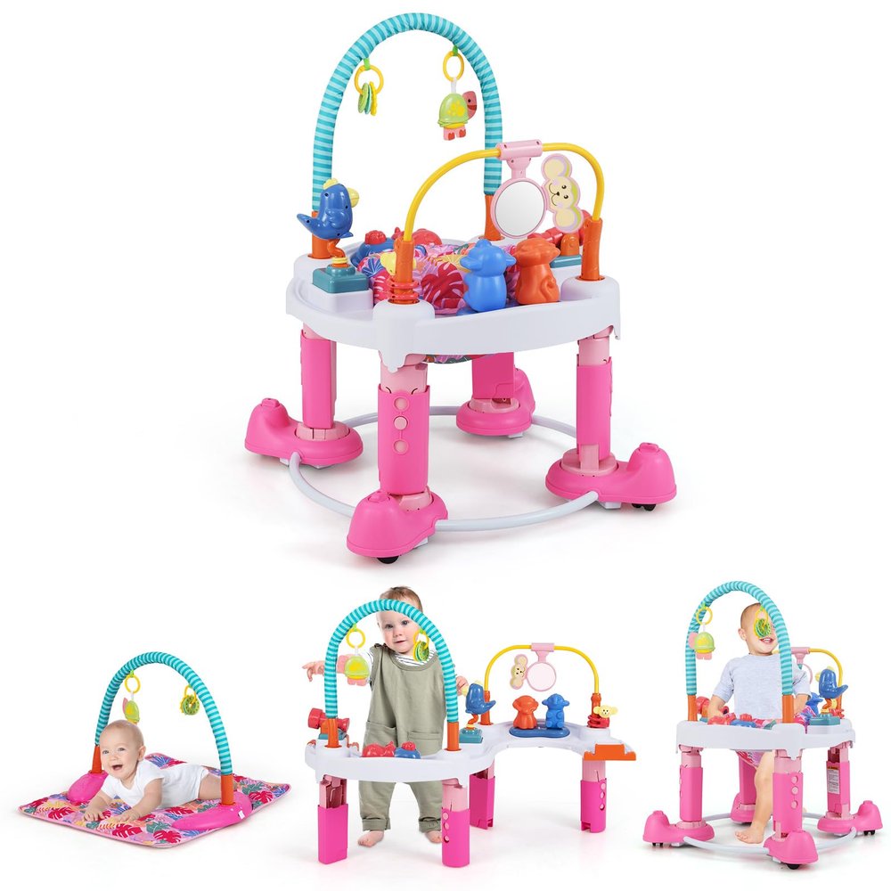 INFANS Baby Bouncer Activity Center, 5 in 1 Toddler Bouncing Activity Saucer Playtime Mat Activity Table with 360Rotating Seat, 3 Adjustable Height, Foldable Exersaucer Learning Walker (Pink)