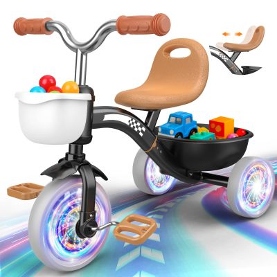 Kkdi Toddler Tricycle for 1-3 3-4 Year Olds, Toddler Baby Bike, 2 3 4 Year Old Boys Girls Birthday Gifts, Outdoor Riding Toys for Ages 2-4, 3-Level Adjustable Seat, 3 Color Light Wheels, 2 Baskets