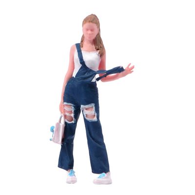 ORIELOAN Adorable 1/18-1/87 Scale Girl Doll in Denim Overalls with Handbag Figurine, Miniature Street Jeans Jumpsuit Female in Playful Posture Figure (Painted, 1/18)