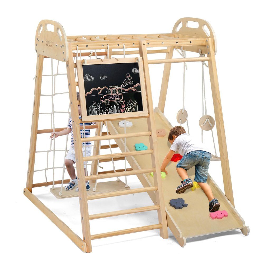 (2025 New) JOYMOR 8-in-1 Indoor Jungle Gym for Kids and Toddlers 3-6Y with Hanging-Bridge and Swing, Wooden Indoor Playground with Slide, Blackboard, Ladders for Toddler Climbers