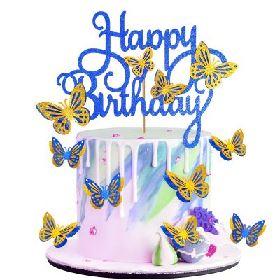 13 Pieces Butterfly Cake Toppers With Happy Birthday Cake Toppers 3D Pink Gold Butterfly Cake Decorations for Girls Women's Birthday Party Wedding Cake Decor Baby Shower (Royal Blue,Yellow)