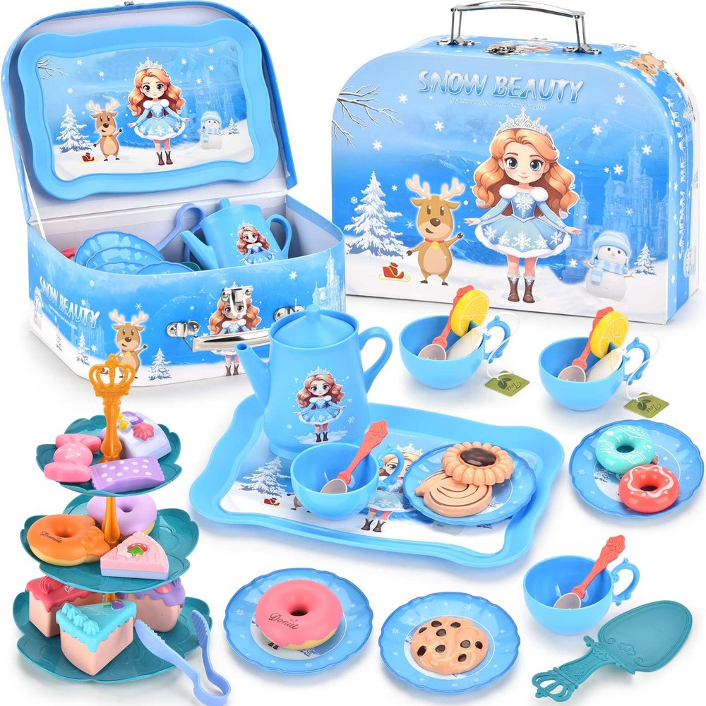 Amplov 42-Piece Princess Tea Party Set  Kids Pretend Play Tea Set with Desserts & Carrying Case  Kitchen Toy for Little Girls, Toddlers Ages 3-8