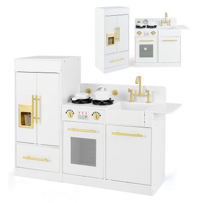 INFANS Play Kitchen Set, Kids Children Pretend Toy Kitchen 2-Piece Playset with Refrigerator, Oven, Microwave, Ice Maker, Sink with Faucet, Kitchenware Accessories for Girls Boys Ages 3+