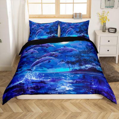 Erosebridal Purple Dolphin Comforter Cover Summer Nautical Bedding Set Toddler Size for Kids Boys Girls Bedroom Decor,Hawaii Beach Duvet Cover Ocean Animal Bed Set 1 Pillow Case