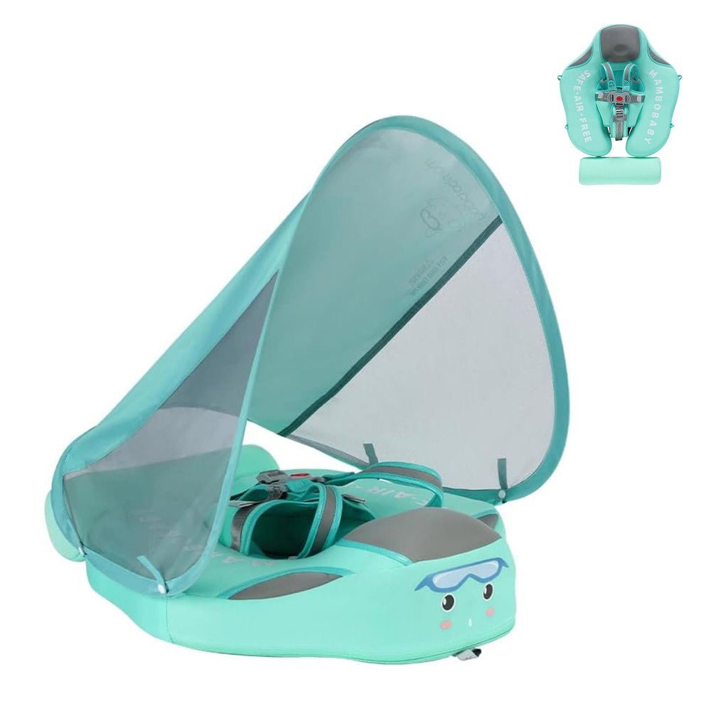 2026 Upgread Mambobaby Float, Baby Floats with Canopy for Waist Swimming Ring Non-Inflatable Pool Floats with Adjustable Safety Strap &Upgrade Add Tail for Infant Toddler 3-24 Months (Green)