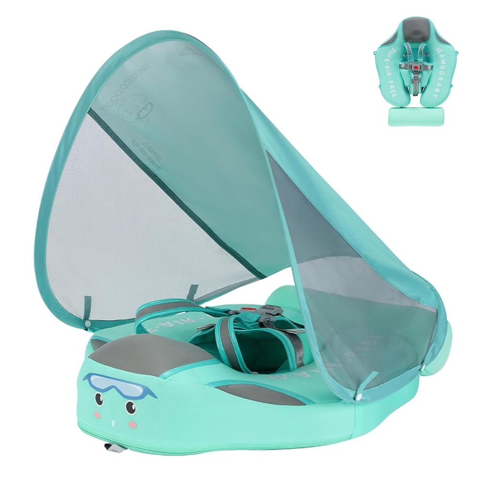 2026 Upgread Mambobaby Float with Removable UPF50+ UV Sun Protection Canopy, Waterproof Skin-Friendly Infant Swim Float for Aged 3-24 Months, Non-Inflatable Pool Float with Tail, Green