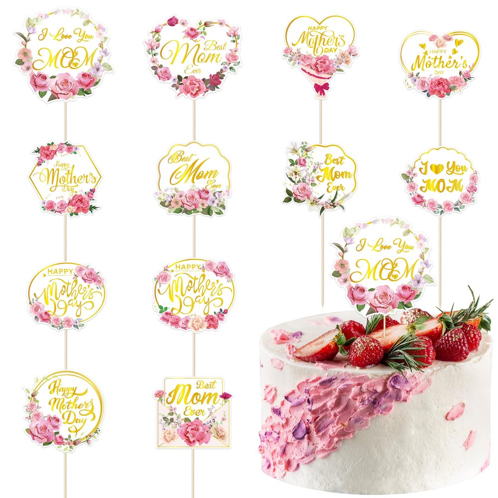 12 Pcs Happy Mothers Day Cupcake Topper, Flower Gold Foil Shape Mother's Day Cake Picks, Best Mom Ever Love You Mom Mother's Day Cake Sticks, Mom Cake Decorations for Mothers Day Party