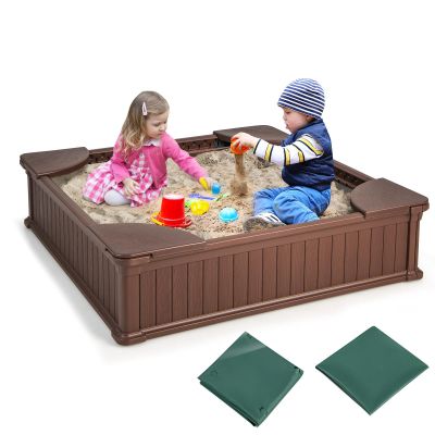 GLACER Sandbox with Cover, 4ft x 4ft HDPE Sand Box w/Oxford Cover, Bottom Drainage Oxford Liner, All Weather Resistant Sand Pit in Backyard Lawn Garden Beach for Kids (Coffee)