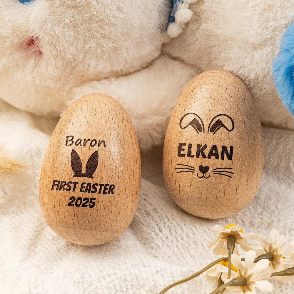KEMEILA Custom Wooden Easter Eggs - Personalized Engraved Easter Decor, Musical Easter Shaker Gifts for Kids & Family