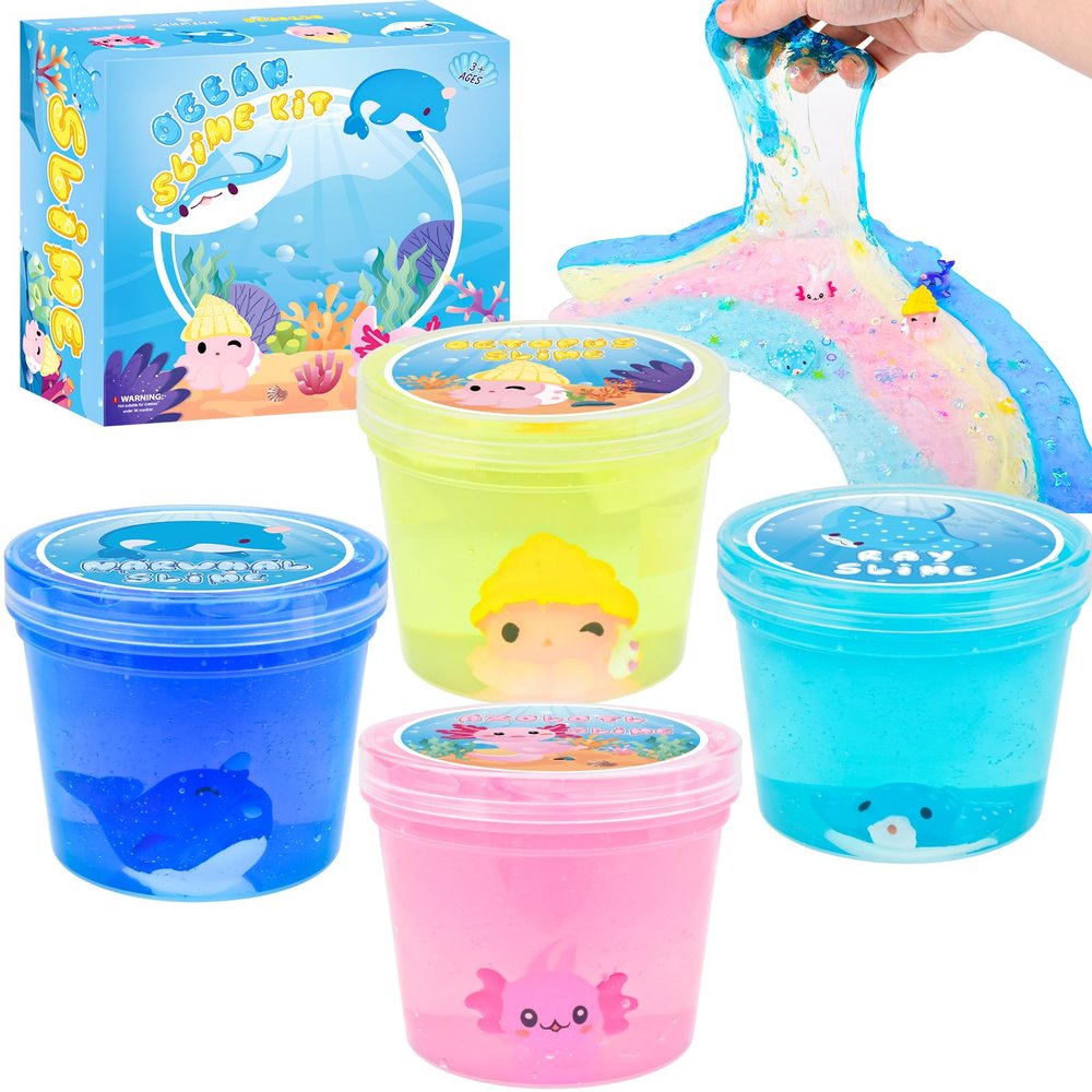 4 Pack Glimmer Crunchy Crystal Slime for Kids, Super Soft Stress Relief Toy, Ocean Clear Slime Kit with Pink, Yellow, Blue, Birthday Gift Party Favor for Girls and Boys