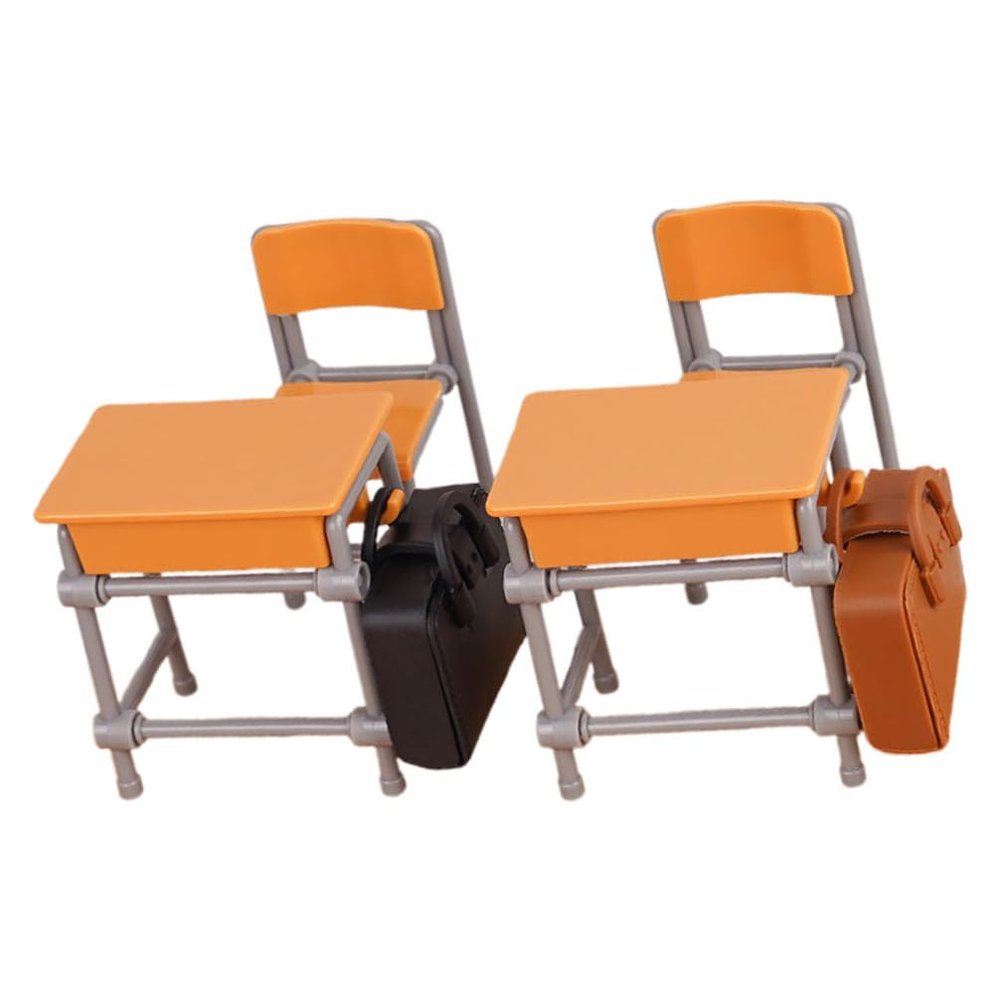 Hemoton Miniature Desk and Schoolbag Model Set for Dollhouse Classroom Decor with Two Tables Two Chairs and Mini Backpacks Compact 2X2 Inch Educational Toy