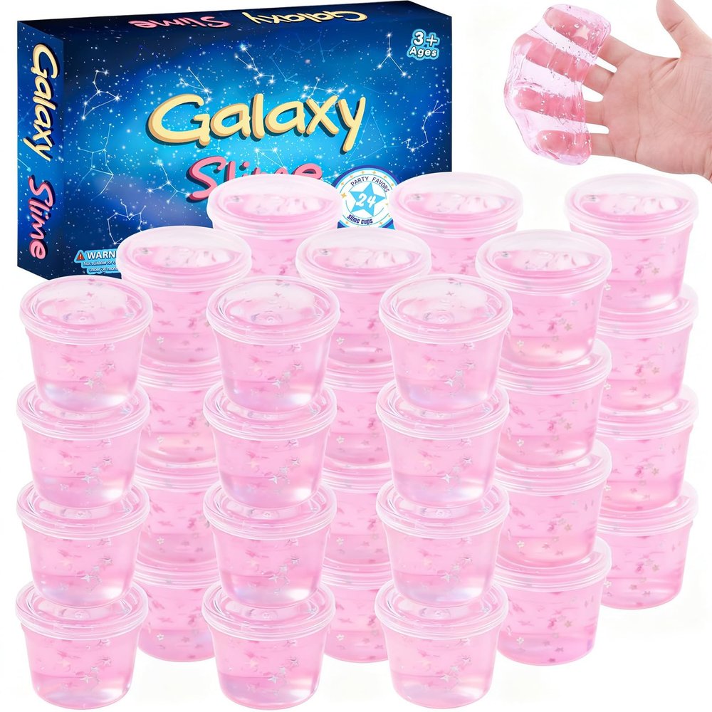 24 Pack Pink Galaxy Slime Party Favors for Girls & Boys, Galaxy Star Slime Cup Bulk, Soft, Wet, Non Sticky, Birthday Gifts, Classroom Rewards for Kids, Goodie Bag Stuffers