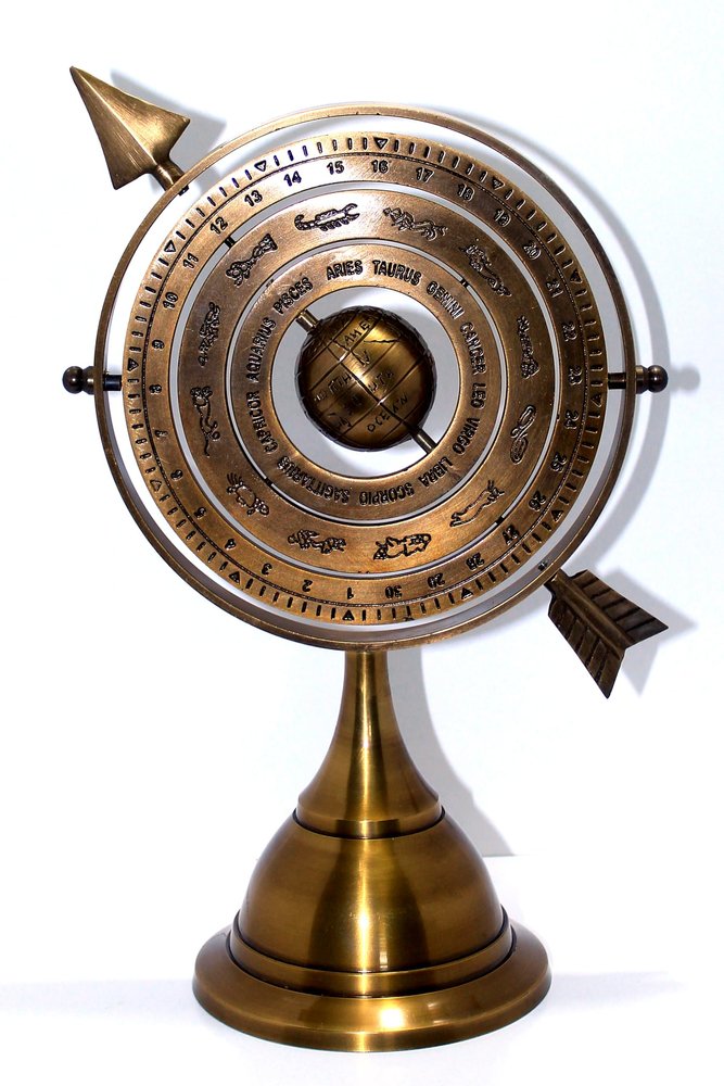 Decorative Brass Zodiac Armillary Sphere, Desktop Globe with Arrow Design, Antique Style Home Decor