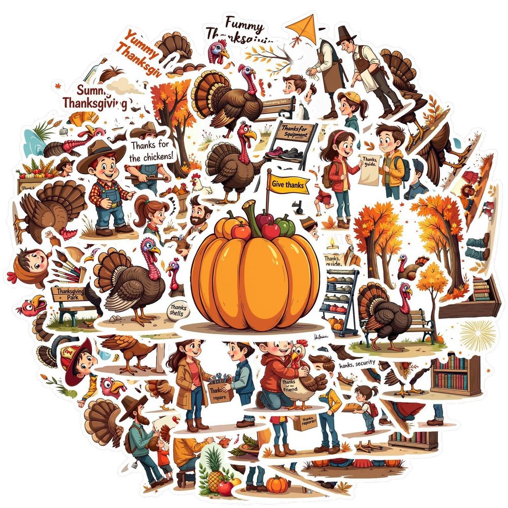 100Pcs Cartoon Thanksgiving Day Stickers, Waterproof Thanksgiving Day Sticker for Water Bottle Laptop Phone Cases Planner Luggage Helmet Party Favor Decor, Ideal for Adults Teens Teacher Rewards C1Z4H