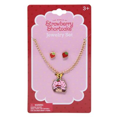 HER Strawberry Shortcake Jewelry Set for Kids, Character Pendant Necklace with Strawberry Earrings, Ages 3+