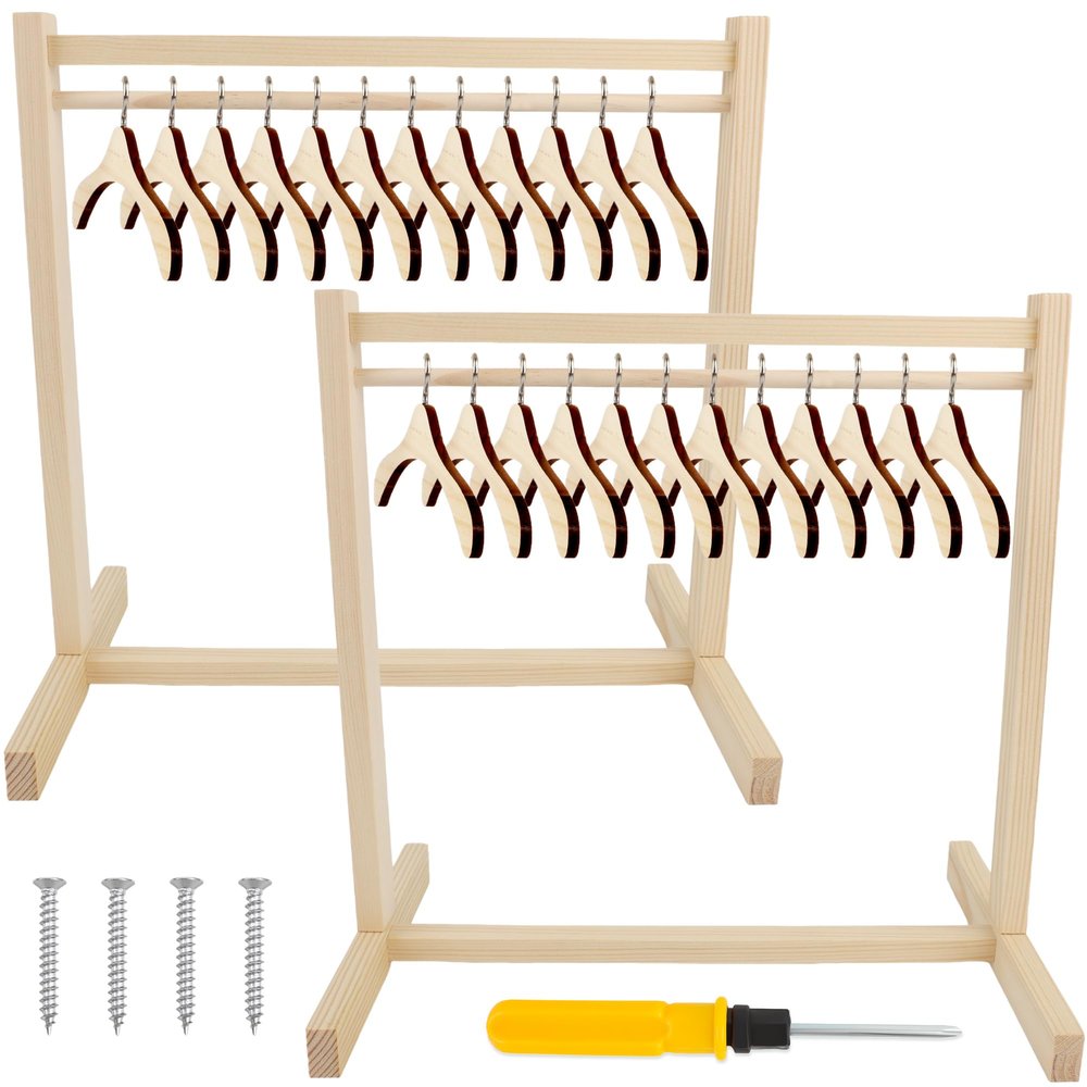 26 Pcs Wood Doll Garment Rack with Wooden Clothes Hanger Mini Wooden Girl Doll Clothes Hanger Organizer Storage Shelf for 18 Inch Girl Doll Clothes Baby Dollhouse (Color Set 1)