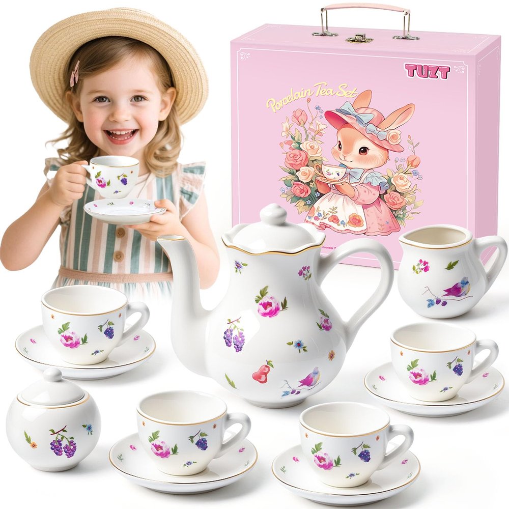 TUZT Tea Party Set for Little Girls Ages 3-8, White Floral Porcelain Tea Set with Gold Trim Edges, Princess Tea Time Toy Includes Pot & Cups & Saucers & Suitcase, Birthday Gifts for Toddlers Girls