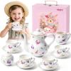 TUZT Tea Party Set for Little Girls Ages 3-8, White Floral Porcelain Tea Set with Gold Trim Edges, Princess Tea Time Toy Includes Pot & Cups & Saucers & Suitcase, Birthday Gifts for Toddlers Girls view 1
