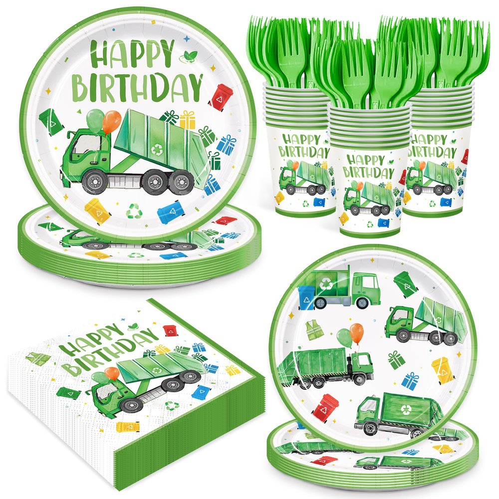 120pcs Garbage Truck Birthday Party Decorations Trash Truck Plates Napkins Green Forks Disposable Tableware Set Waste Management Recycling Rubbish Truck Birthday Party Supplies Serve 24 Guests