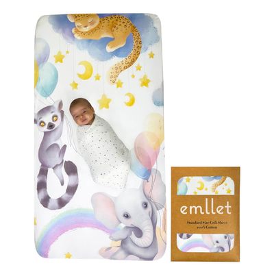 100% Cotton Fitted Crib Sheet, Rainbow Safari Animals Design, Sleepy Jaguar Elephant Lemur Pattern, Fits Standard 52 x 28 in Crib Mattress