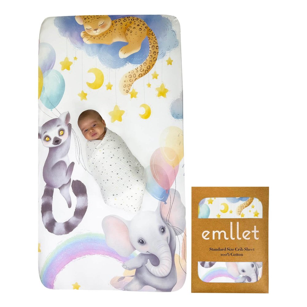 100% Cotton Fitted Crib Sheet, Rainbow Safari Animals Design, Sleepy Jaguar Elephant Lemur Pattern, Fits Standard 52 x 28 in Crib Mattress