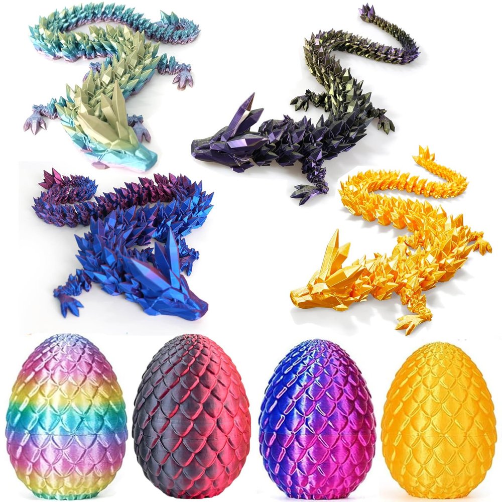 3D Printed Dragon Easter Egg,8.5in. Articulated Crystal Dragon Fidget Toy,Perfect Basket Essentials Stuffers (4sets & Bluegreen/CandyMulti/PurpleBlue/RedGold, L8.5inch Dragon&H3.5inch Egg)