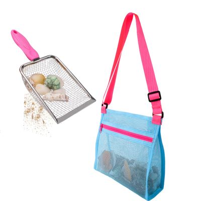 MUYIZI Beach Mesh Shovel with Mesh Shell Bags, Kids Filter Sand Scooper for Picking Up Shells,Shark Tooth Sifter Dipper for Boys and Girls,Beach Toys Accessories (Bright Pink)