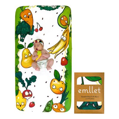 100% Cotton Fitted Crib Sheet, Happy Harvest Fruit and Veggie Theme, Breathable Baby Nursery Bedding, Standard 52 x 28 in Crib Fit