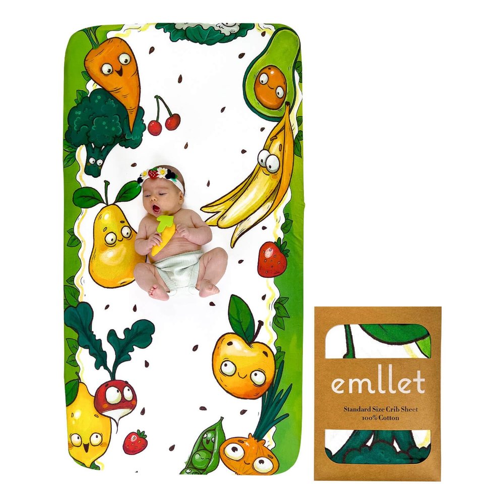 100% Cotton Fitted Crib Sheet, Happy Harvest Fruit and Veggie Theme, Breathable Baby Nursery Bedding, Standard 52 x 28 in Crib Fit