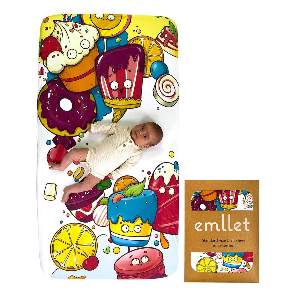 100% Cotton Fitted Crib Sheet, Sweet Treats Dessert Theme, Soft Baby Nursery Bedding for Standard Crib Mattress 52 x 28 in