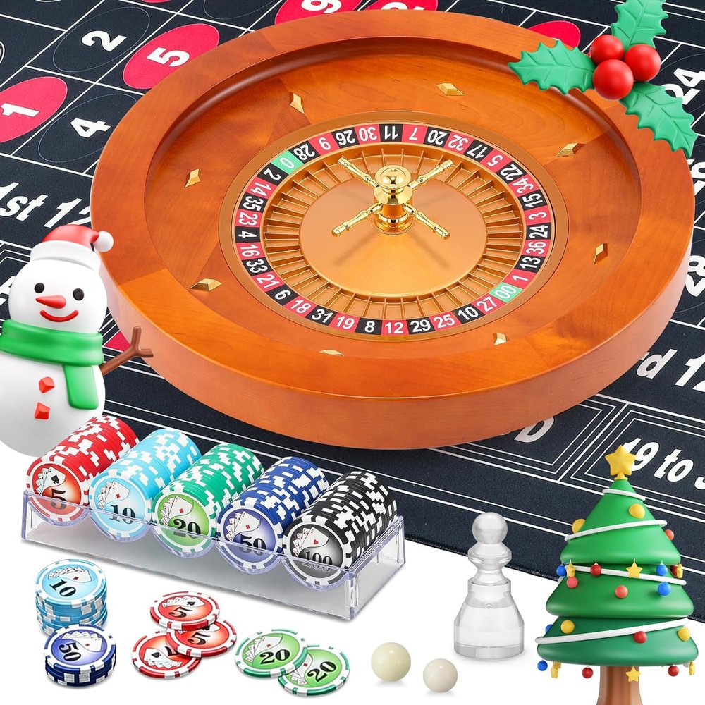 Proshine 18" Wooden Roulette Wheel Set with 47.2 * 23.6 Roulette Tablecloth 100pcs Poker Chips Roulette Win Marker Dual Balls Casino Game Sets Smooth Rotation Roulette Wheel for Family & Party Fun
