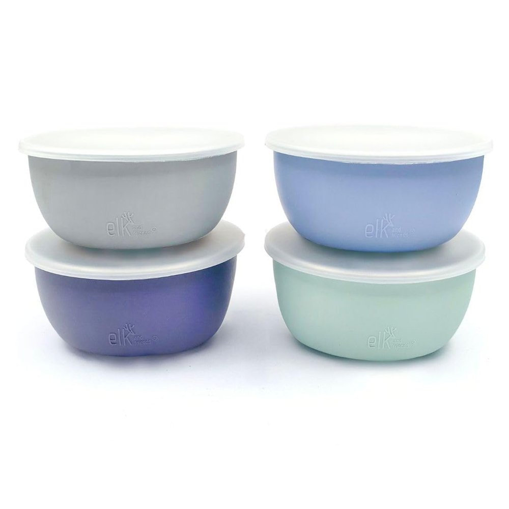 Elk and Friends Stainless Steel Bowls + Silicone Sleeve and Storage Lid | Baby, Toddler, Kids | Cereal & Snack Bowls | Storage Containers | Dishwasher Safe | 4 Pack