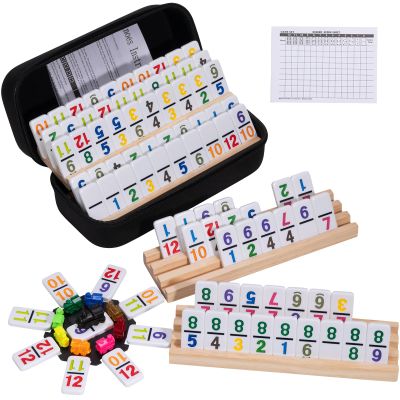 OZFRHO Mexican Train Dominoes Set with 91 Number Tiles, 4 Wooden Racks, Double 12 Dominoes Game Set for Family Fun, Parties, and Travel