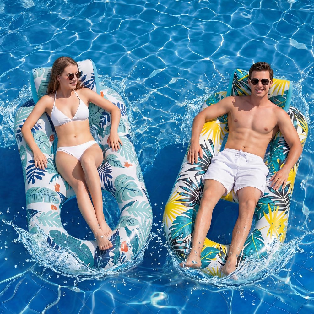 2 Pack Pool Floats Adult Heavy Duty-Adult Pool Float Lounger with Cup Holders, Backrest & Footrest Pool Lounge Float Pool Floaties Rafts for Beach Lake Party(Pink, Blue)