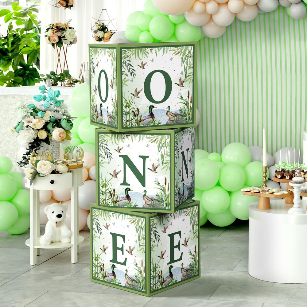 AmazingSpark One Lucky Duck Birthday Decorations Box Sage Green Boxes with Letters for Baby Shower Mallard Duck Hunting Party Blocks Centerpiece Decor for 1st Birthday Gender Reveal Party Favors