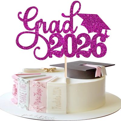 1 Pack Grad 2026 Cake Topper with Glitter Congrats Grad Cap Class of 2026 Cake Pick Decorations for 2026 Graduation Theme School Boys Girls Graduate Party Supplies Purple