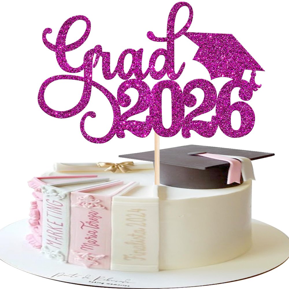 1 Pack Grad 2026 Cake Topper with Glitter Congrats Grad Cap Class of 2026 Cake Pick Decorations for 2026 Graduation Theme School Boys Girls Graduate Party Supplies Purple