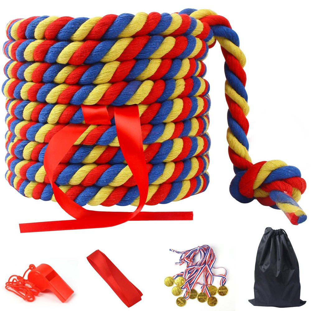 40FT Tug of War Rope for Adults,Tag o War Ropes,Tug a War Rope,Soft Natural Twisted Cotton Ropes Games for Team Building Activities, Carnival Party, Family Reunion,Yard Games(Red/Yellow/Blue)