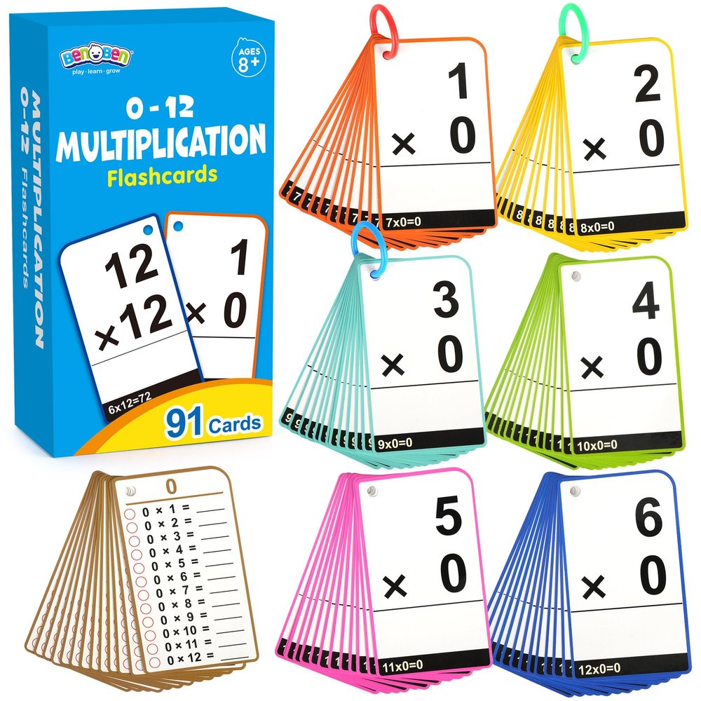BenBen Multiplication Flash Cards 0-12, 91 Cards, Times Table Flash Cards with Rings, Multiplication Practice for Kids 8-12, 2nd 3rd 4th 5th 6th Grade, Math Flashcards for Homeschool Classroom