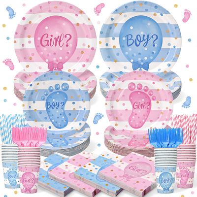 156Pcs Gender Reveal Plates and Cups and Napkins Sets with Forks and Straws, Party Supplies, Pink and Blue Plates, He or She Baby Gender Reveal Decorations, Boy or Girl (Serves 26)