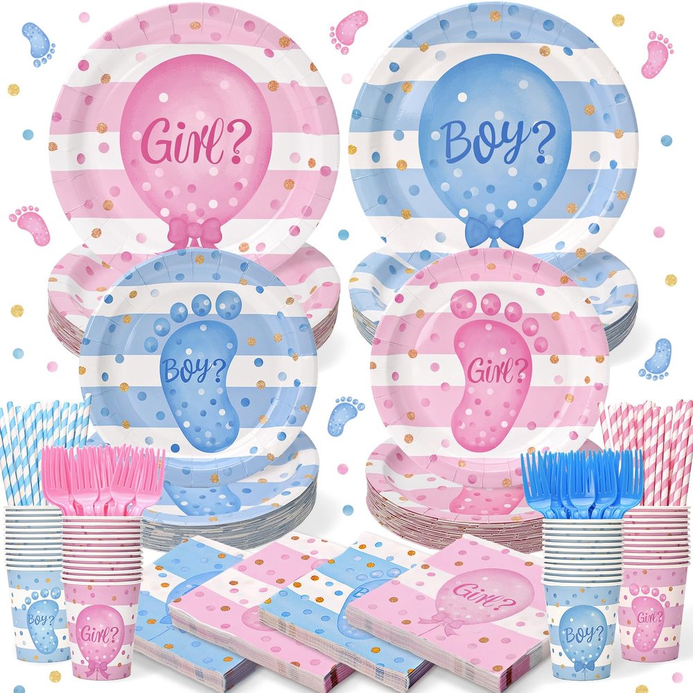 156Pcs Gender Reveal Plates and Cups and Napkins Sets with Forks and Straws, Party Supplies, Pink and Blue Plates, He or She Baby Gender Reveal Decorations, Boy or Girl (Serves 26)