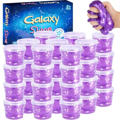24 Pack Purple Galaxy Star Slime Cup, Galaxy Slime Party Favor for Kids Girls & Boys, Adults, Non Sticky, Wet, Super Soft, Stress & Anxiety Relief, Classroom Rewards, Goodie Bag Stuffers