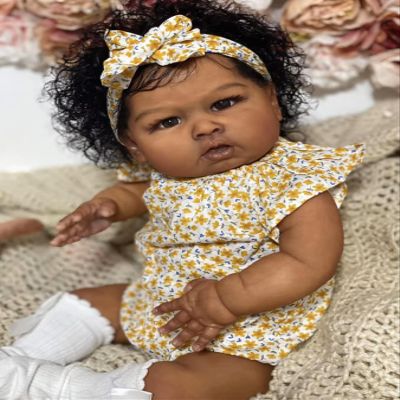 Anano 24 Inch Realistic Reborn Baby Doll Mixed Race Black Girl Toddler Biracial African American Chubby Reborn Doll with Hair Ultra Lifelike Baby Doll for Kids & Collectors (Yellow Floral)