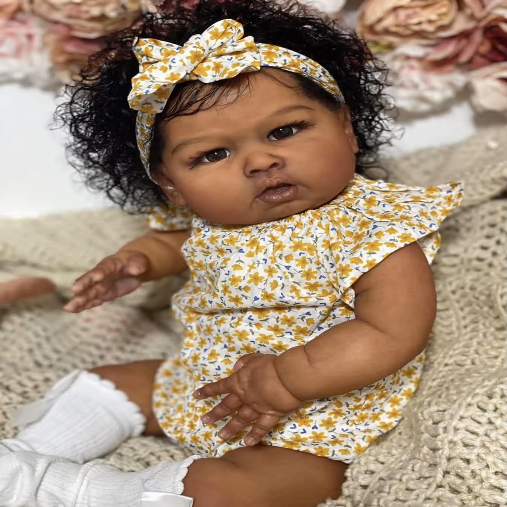 Anano 24 Inch Realistic Reborn Baby Doll Mixed Race Black Girl Toddler Biracial African American Chubby Reborn Doll with Hair Ultra Lifelike Baby Doll for Kids & Collectors (Yellow Floral)