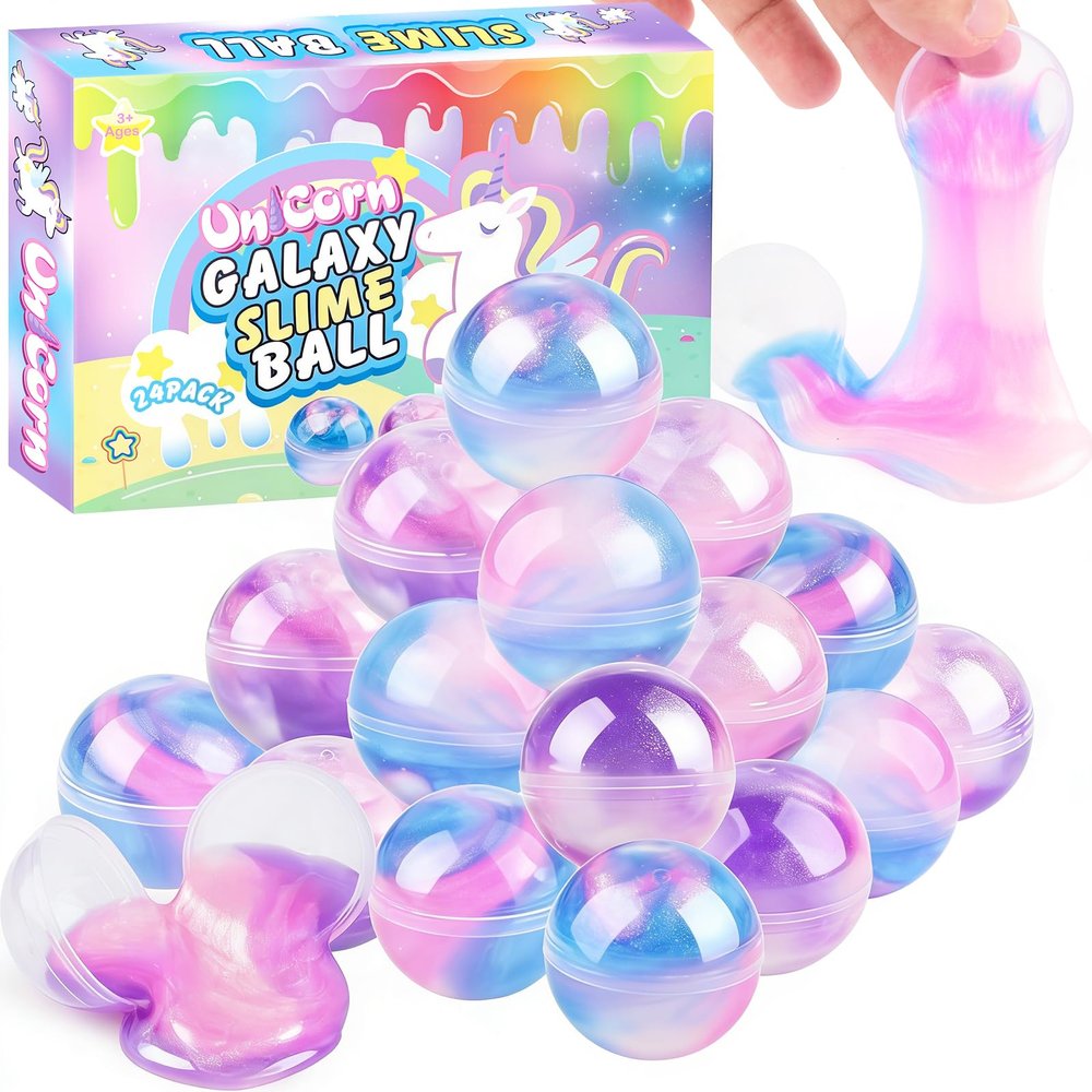 24 Pack Unicorn Galaxy Slime Balls, Unicorn Party Favors for Boys and Girls, Wet, Non-Sticky, Mess-Free, Stress Relief, Super Soft Slime Toy for Kids, Birthday Gift, Goodie Bag Stuffers