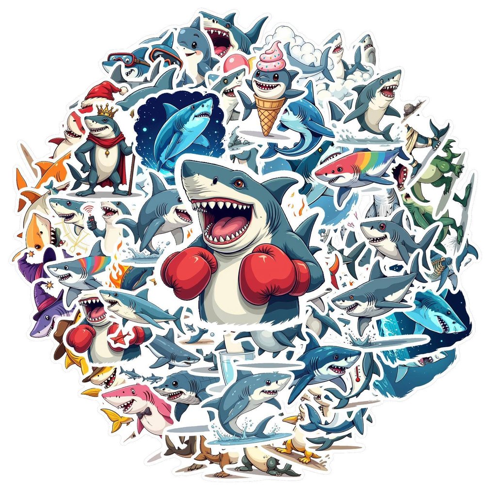 100Pcs Cartoon Shark Stickers, Waterproof Shark Sticker for Water Bottle Laptop Phone Cases Planner Skateboard Luggage Helmet Party Favor Decor, Ideal for Adults Teens Teacher Rewards C1392