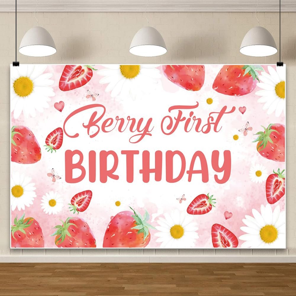 Baby Strawberry Birthday Banner 106.3x70.8Inch Fabric Baby Girl 1st Birthday Banner Pink 1st Birthday Backdrop Girls First Birthday Banner Decor Happy Birthday Photos Fruits Birthday Banner