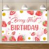 Baby Strawberry Birthday Banner 106.3x70.8Inch Fabric Baby Girl 1st Birthday Banner Pink 1st Birthday Backdrop Girls First Birthday Banner Decor Happy Birthday Photos Fruits Birthday Banner view 1