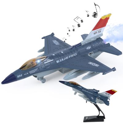Crelloci Diecast Metal Alloy Fighter Jet Military Airplane Toy with Mist Spray, Lights & Sounds, Pull Back Function Army Air Force Aircraft for Kids, Toddlers Ages 3+, Gift for Boys Girls (Blue)