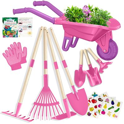 Qtioucp Kids Gardening Tools Outdoor Toys Set Backyard Play with Wheelbarrow Educational STEM Learning Pretend Toys Outdoor Indoor for Toddlers Kids Boys Girls